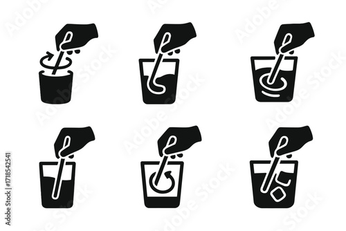 Stirring Actions Icons. Solid, filled icon set of stirring actions: stirring motion, mixing liquids, swirling drink, slow stir, fast stir, clockwise stir,