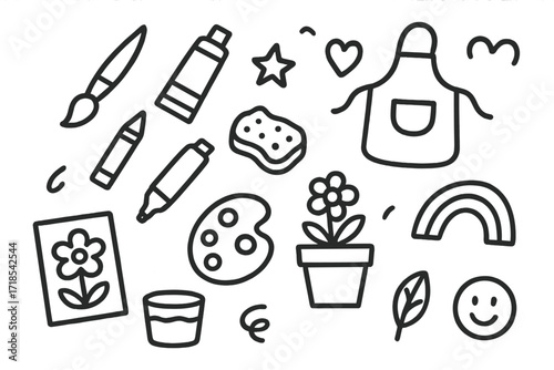 Kids Art Supplies. Hand-drawn doodle illustration kids art supplies for flower pots paintbrush, paint tube, crayon, marker, paint palette, water cup, sponge,