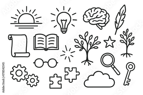 Symbols of Knowledge Awakening. Hand-drawn doodle illustration Knowledge awakening sunrise, light bulb, open book, brain, feather pen, tree of knowledge,