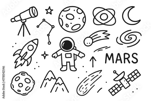 Mars Astronomy Doodles. Hand-drawn doodle illustration Mars astronomy telescope, constellation, planet Mars, orbit lines, star, moon, galaxy swirl, comet,