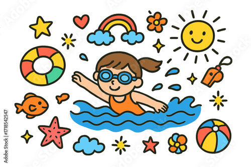 Colorful Swimming Doodles. Colorful Hand-drawn doodle Children illustration Swimming Movement [swimming pool, float ring, goggles, waves, fish, star, rainbow,