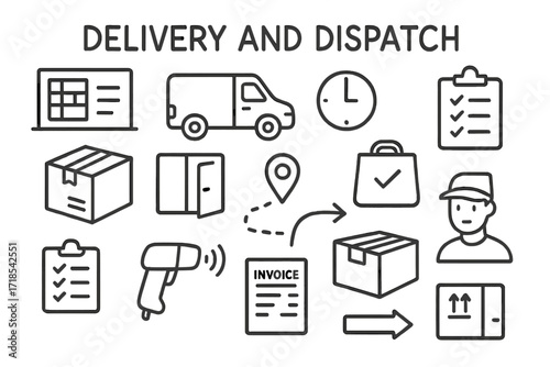 Delivery Doodle Icons. Hand-drawn doodle illustration Delivery and Dispatch dispatch board, delivery van, time icon, clipboard, parcel, truck door, map pin,