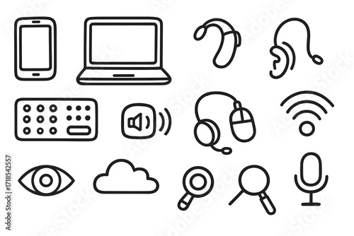 Accessibility Tech Doodles. Hand-drawn doodle illustration accessibility technology smartphone, tablet, laptop, hearing aid, braille keyboard, headset, screen