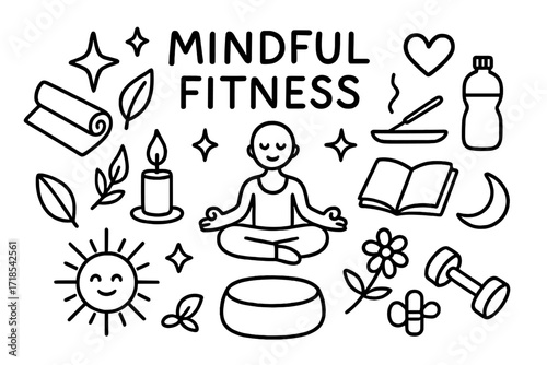 Mindful Fitness Doodle. Hand-drawn doodle illustration Mindful Fitness [yoga mat, lotus pose figure, candle, incense, leaf, star, sparkle, water bottle, heart,