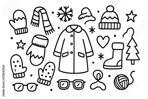 Winter Fashion Doodles. Hand-drawn doodle illustration Winter fashion mittens [stylish mitten, scarf, hat, coat, boot, snowflake, star, wool thread, heart,