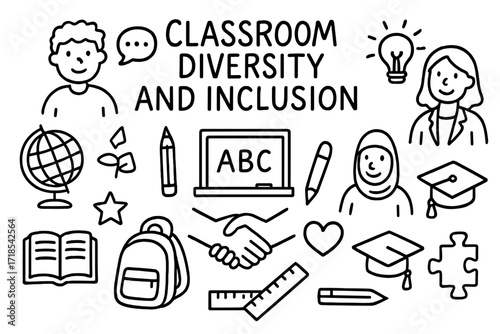 Classroom Diversity Doodles. Hand-drawn doodle illustration Classroom diversity and inclusion [students, teacher, globe, book, pencil, backpack, speech bubble,