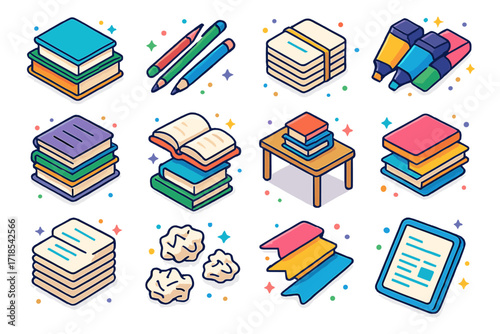Colorful Study Icons. Colorful isometric vector icons set of piled up books and study materials: stacked textbooks, notebooks pile, scattered pencils, bundled