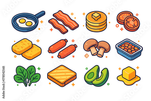 Breakfast Icons Collection. Colorful isometric vector icons set of breakfast in a frying pan: sunny side up eggs, bacon strips, pancake stack, fried tomato