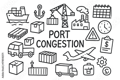 Port Congestion Doodles. Hand-drawn doodle illustration Port congestion [cargo ship, anchor, crane, pallet, box, calendar, clock, warning triangle, port