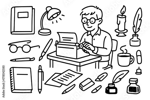 Writer's Artistic Tools. Hand-drawn doodle illustration Writer as artist typewriter, pen, notebook, book, desk, coffee cup, glasses, lamp, chair, candle,