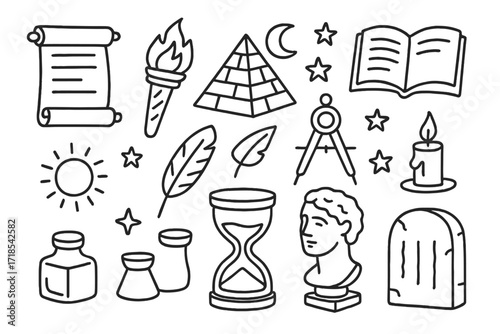 Ancient Wisdom Icons. Hand-drawn doodle illustration Ancient knowledge [scroll, torch, pyramid, book, quill, feather, stars, moon, compass, hourglass, candle,