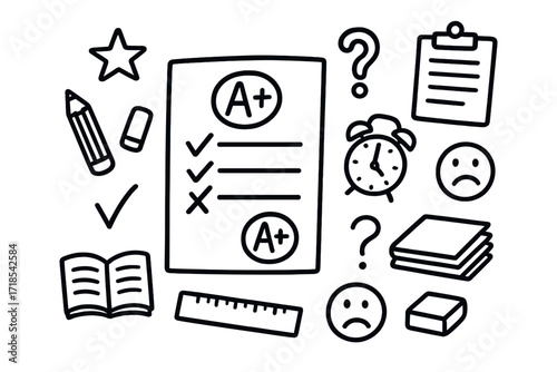 Exam Doodle Icons. Hand-drawn doodle illustration test paper with grades exam sheet, A+ grade, pencil, eraser, ruler, open book, stack of papers, check mark,