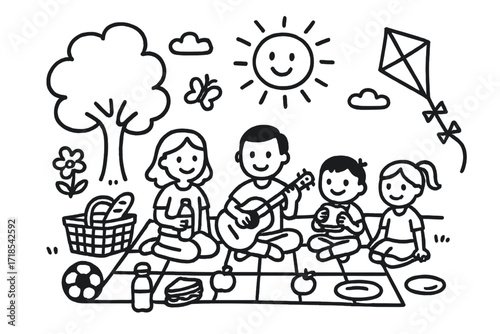 Family Picnic Doodle. Hand-drawn doodle illustration A family having a picnic in the park on a sunny day [picnic basket, blanket, sun, tree, sandwich, apple,