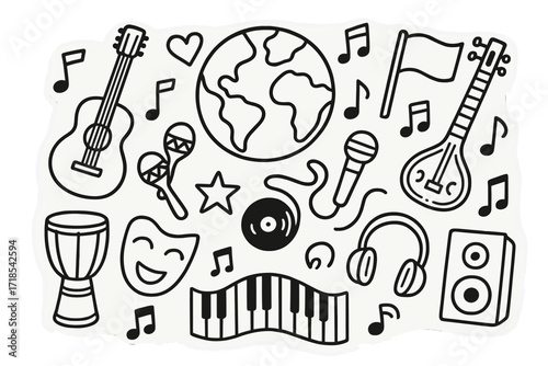 Cross-Cultural Music Icons. Hand-drawn doodle illustration Cross-cultural music fusion [globe, guitar, drum, sitar, maracas, microphone, headphones, piano