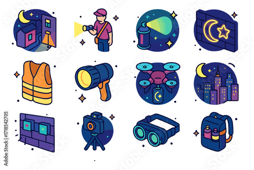 Night Mural Icons. Colorful isometric vector icons set of night mural creation: moonlit alley, artist with flashlight, spray paint glow effect, neon mural