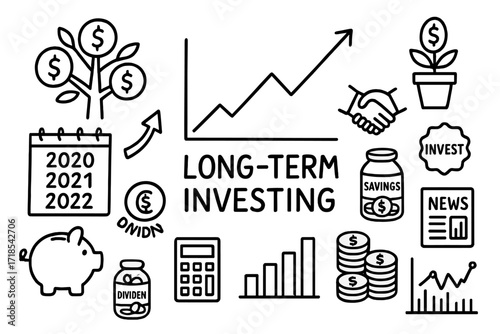 Investing Growth Doodles. Hand-drawn doodle illustration Long-Term Investing growth chart, tree with coins, calendar with years, piggy bank, rising arrow,