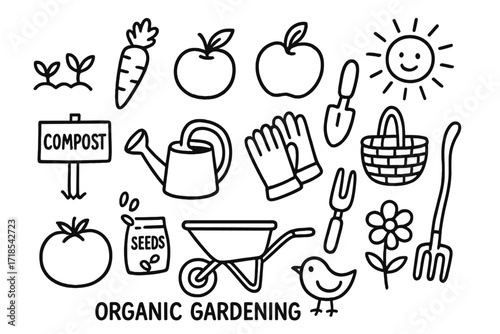 Organic Gardening Icons. Hand-drawn doodle illustration organic gardening sprouts, carrot, tomato, apple, basket, compost bin, watering can, gloves, shovel,