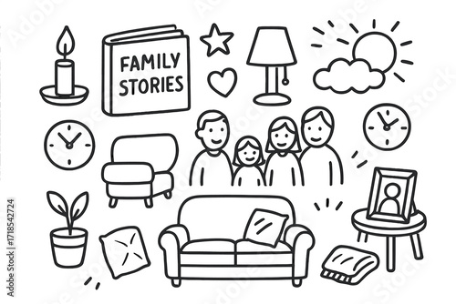 Family Doodle Icons. Hand-drawn doodle illustration Family storytelling book, candle, sofa, pillow, clock, lamp, heart, star, family figures, plant, blanket,