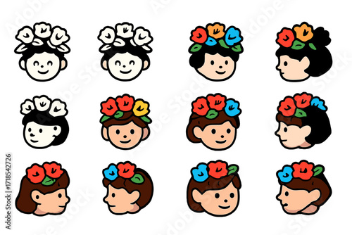 Colorful Flower Crown Logo. Set Logo of Kids Making Tissue Paper Flowers: Child?s smiling face with flower crown. Logo set in vector style,