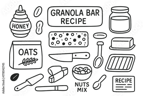 Granola Bar Essentials. Hand-drawn doodle illustration breakfast granola bar recipe granola bar, honey bottle, peanut icon, oats bag, chocolate chip, cutting