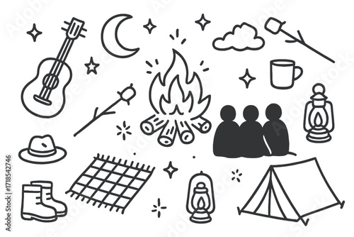 Bonfire Friends Gathering. Hand-drawn doodle illustration Bonfire with friends [bonfire flames, logs, group silhouette, guitar, marshmallow on stick, cup,