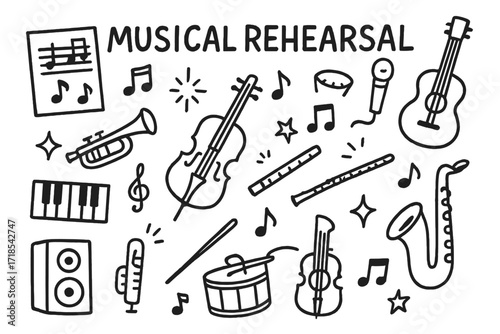 Musical Rehearsal Doodle. Hand-drawn doodle illustration Musical Rehearsal [sheet music, violin, guitar, piano, flute, trumpet, microphone, drum, sparkle,