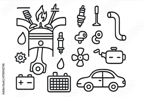 Combustion Engine Doodle. Hand-drawn doodle illustration combustion engine process piston, cylinder, spark plug, flame, fuel droplet, valve, crankshaft,