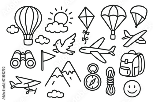 Sky Adventure Icons. Hand-drawn doodle illustration sky adventure hot air balloon, parachute, glider, kite, bird, plane, sun, cloud, mountain, binoculars,
