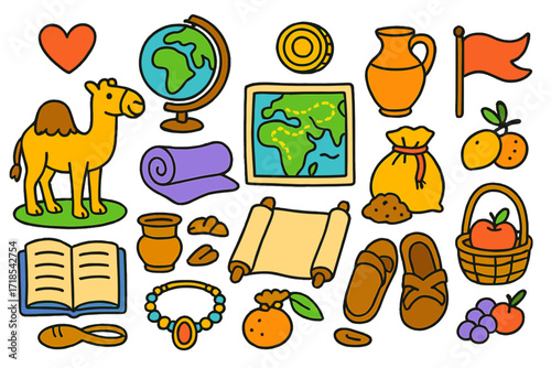 Ancient Trade Doodles. Colorful Hand-drawn doodle Children illustration Ancient trade routes camel, silk roll, spice bag, map, scroll, globe, coin, pottery,