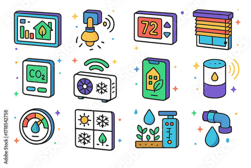 Smart Eco-Building Icons. Colorful isometric vector icons set of smart eco-building technologies: building energy dashboard, motion sensor light, smart