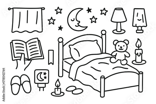 Bedtime Story Icons. Hand-drawn doodle illustration Bedtime story ambiance [bed, open book, candlelight, stuffed toy, blanket, pillow, lamp, slippers, star,