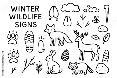 Winter Wildlife Doodle. Hand-drawn doodle illustration Winter wildlife signs, paw prints, hoof prints, bird tracks, snow, icicle, boot print, fox, deer,