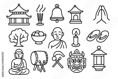 Sacred Temple Doodle. Hand-drawn doodle illustration Sacred heritage site temple, incense, bell, shrine, prayer hands, sacred tree, offering bowl, monk,