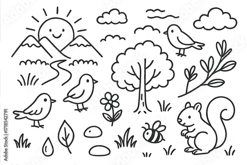 Valley Morning Doodle. Hand-drawn doodle illustration Morning in the Valley rising sun, mist, tree, bird, mountain, path, flower, dew drop, leaf, squirrel,