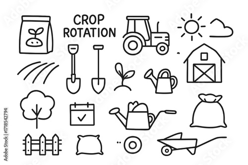 Farm Tools Doodle. Hand-drawn doodle illustration crop rotation seed bag, tractor, barn, shovel, hoe, plowed rows, tree, sprout, watering can, calendar, sun,