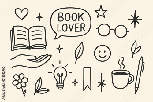 Book Lover's Doodle. Hand-drawn doodle illustration Book lover moments [open book, hand, heart icon, glasses, quote bubble, stars, coffee cup, bookmark, smile,