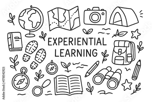 Exploration Icons Doodle. Experiential learning. Hand-drawn doodle illustration experiential learning globes, maps, cameras, backpacks, notebooks, compasses,
