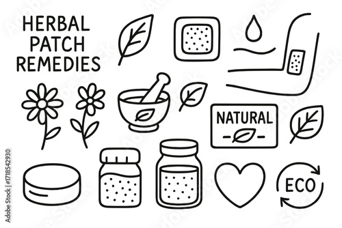 Herbal Remedy Icons. Hand-drawn doodle illustration [Herbal patch remedies] [leaf, herbal patch, skin area, droplet, flower, mortar and pestle, label, natural