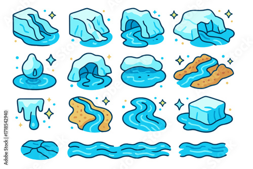 Colorful Glacier Icons. Colorful isometric vector icons set of Glacier and Ice Water Flow: crevasse melt, ice sheet runoff, glacier toe stream, iceberg drip,