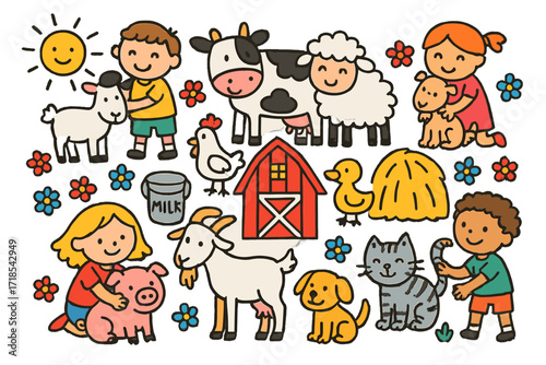 Farm Animal Fun. Colorful Hand-drawn doodle Children illustration Playing with Farm Animals cow, sheep, goat, pig, chicken, duck, dog, cat, barn, haystack,