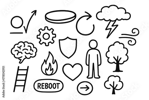 Symbols of Resilience. Hand-drawn doodle illustration resilience and adaptability bouncing ball, elastic band, curved arrow, storm cloud, lightning bolt,