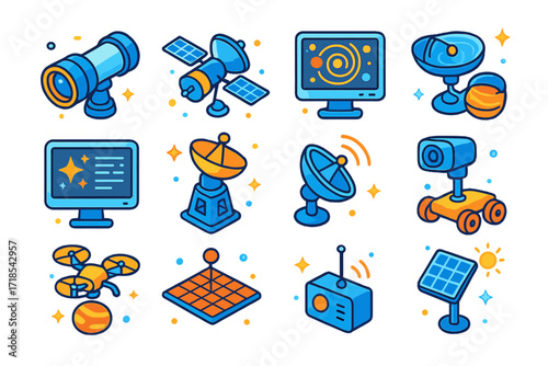 Space Observatory Icons. Colorful isometric vector icons set of Space observatories and tools: space telescope, orbital radar, solar system map, planetary
