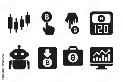 Crypto Trading Icons. Solid, filled icon set of crypto trading: candlestick chart, buy order, sell order, price ticker, trading bot, stop loss, portfolio,
