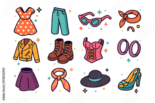 Retro Feminist Icons. Retro feminist style. Colorful isometric vector icons set of retro feminist style: polka dot dress, high-waist trousers,