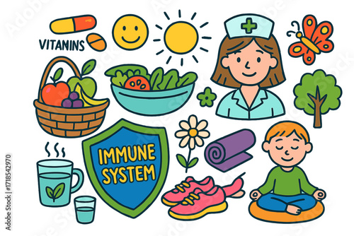 Wellness Doodle Icons. Colorful Hand-drawn doodle Children illustration Immune system wellness [shield, vitamins, fruit basket, salad bowl, yoga mat, sunshine,