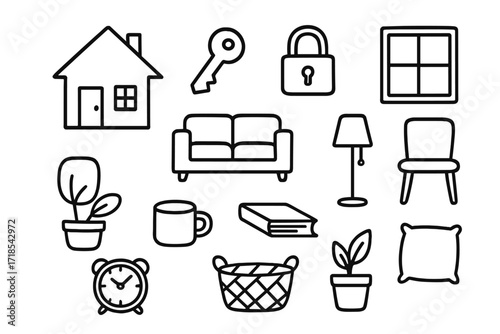Home Essentials Doodle. Hand-drawn doodle illustration Home essentials [house, key, lock, door, window, bed, sofa, lamp, clock, chair, mug, book, plant,