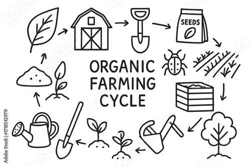 Organic Farming Doodles. Hand-drawn doodle illustration Organic farming cycle [leaf, barn, shovel, seed packet, crop rows, bug, fertilizer bag, compost bin,