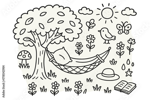 Shady Tree Rest. Hand-drawn doodle illustration Shady tree rest [tree, hammock, leaf, mushroom, grass, pillow, sun, cloud, bird, butterfly, flower, hat, water