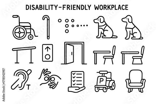 Disability-Friendly Workplace Icons. Hand-drawn doodle illustration Disability-friendly workplace wheelchair icon, walking cane, braille label, service dog,