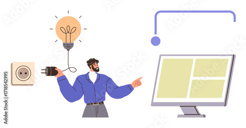 Man holding a plug connected to a glowing light bulb, pointing at a monitor with interface elements. Ideal for innovation, creativity, energy, technology, teamwork, productivity, simple flat metaphor